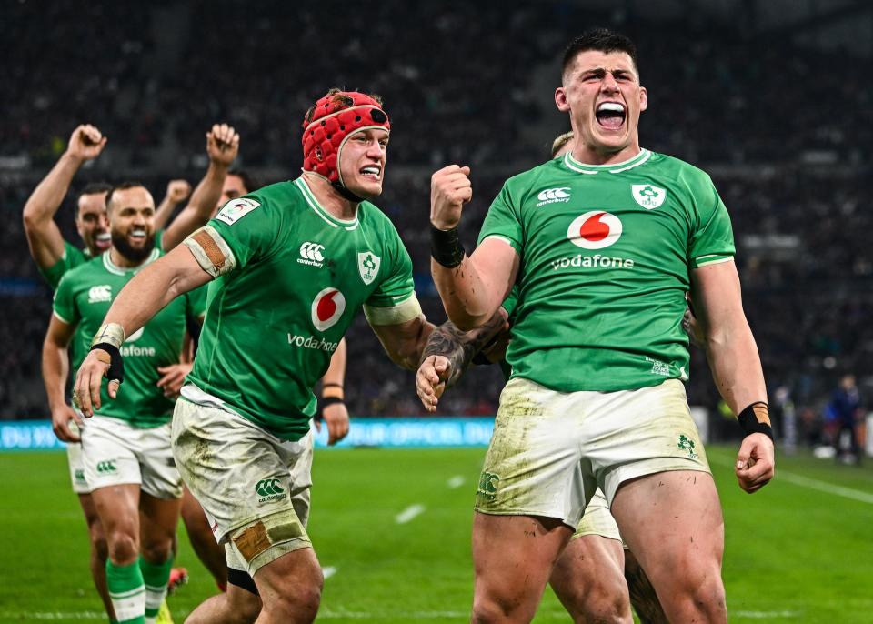 Ireland celebrates during their win over France at this year's Six Nations Championship. (Harry Murphy/Sportsfile via Getty Images)