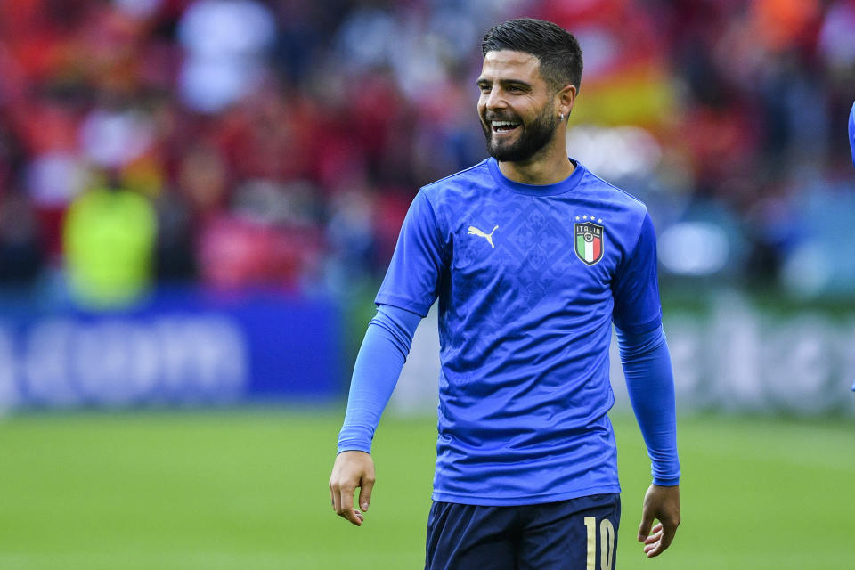 Italy's Lorenzo Insigne warms up ahead the Euro 2020 soccer championship semifinal match between Italy and Spain at Wembley stadium in London, England, Tuesday, July 6, 2021. (Justin Tallis/Pool Photo via AP)