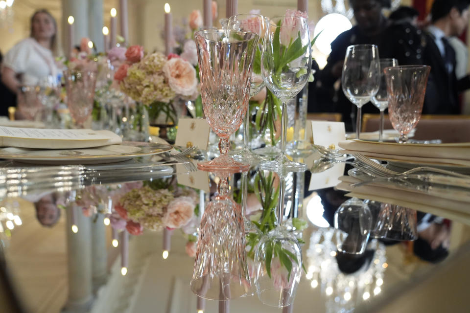 Tables are decorated during a press preview at the White House in Washington, Tuesday, April 9, 2024, for the State Dinner for Japan's Prime Minister Fumio Kishida on Wednesday. (AP Photo/Susan Walsh)