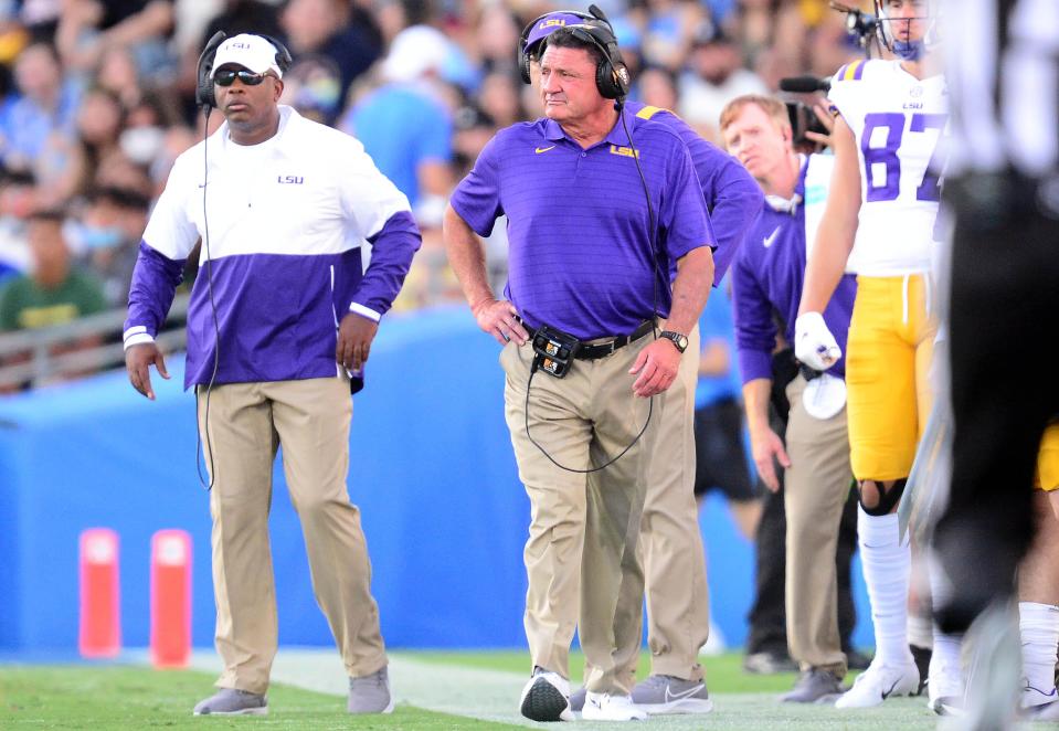 LSU  head coach Ed Orgeron looks on against UCLA.