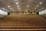 An empty lecture hall at the University of Miskolc in Hungary, Thursday, March 12, 2020, following the Hungarian government declaration of a national state of emergency. (Janos Vajda/MTI via AP)