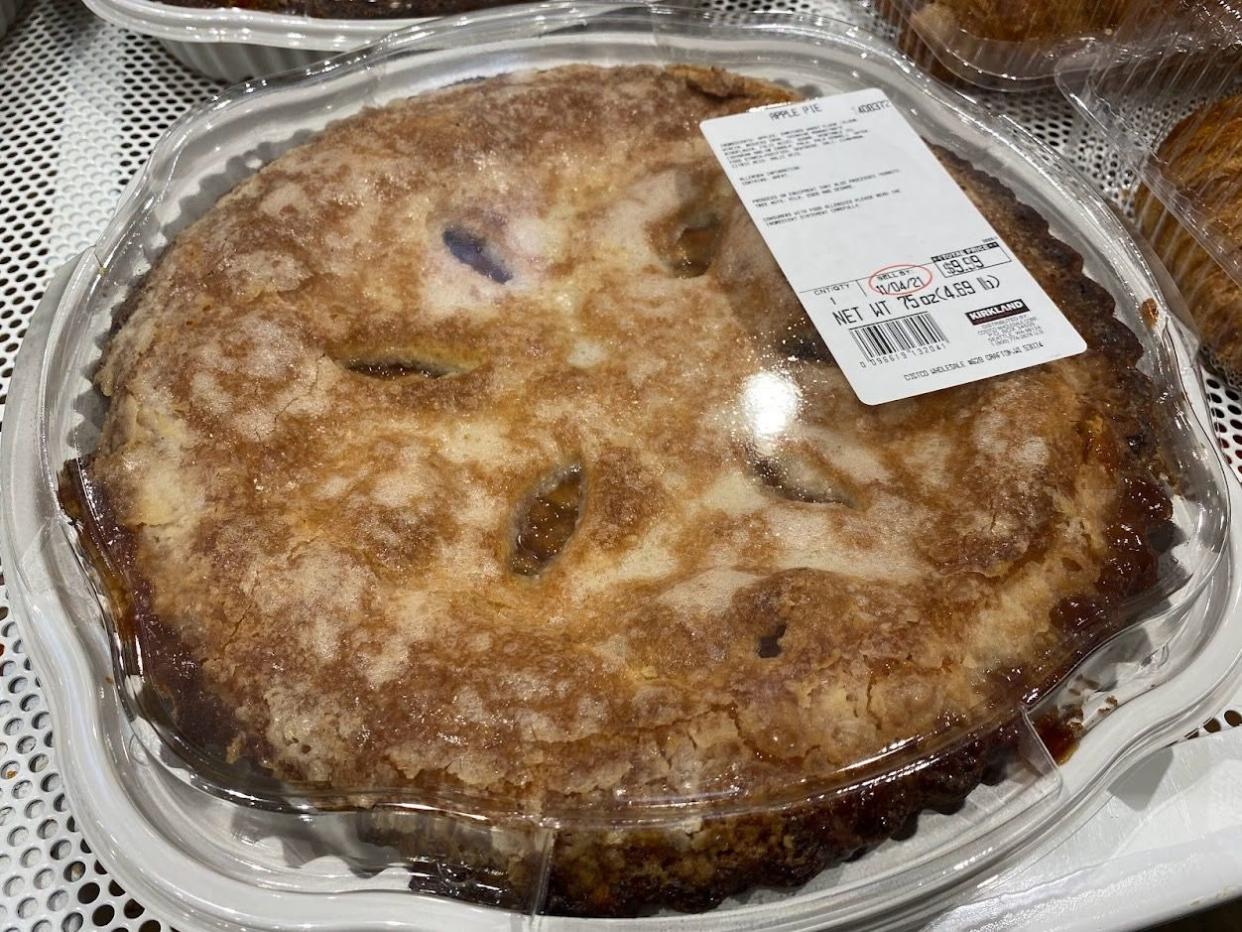 Fresh apple pie on a shelf in Costco