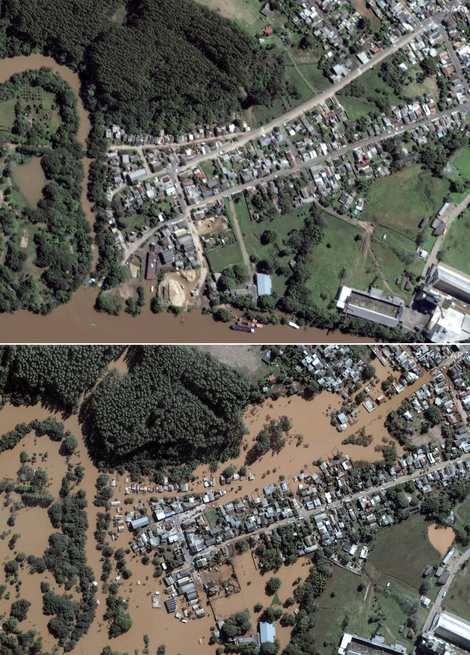 This combination of images released by Maxar Technologies shows the before and after views of flooding along Taquari River, Taquari, Brazil. Sept. 15,2024, top, May 7, 2024, bottom. (Satellite image ©2024 Maxar Technologies via AP)