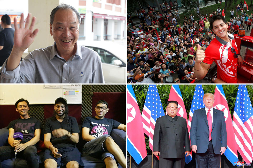 Clockwise from top left: Former Workers' Party chief Low Thia Khiang, Olympic gold medalist Joseph Schooling, North Korean leader Kim Jong Un and US President Donald Trump, and local grindcore band Wormrot. (PHOTOS: Reuters, Yahoo News Singapore)