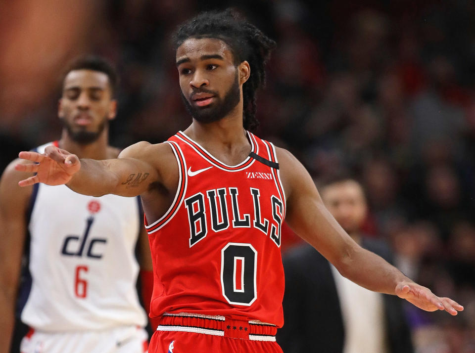 CHICAGO, ILLINOIS - FEBRUARY 23: Coby White #0 of the Chicago Bulls holds out three fingers after hitting a three point shot against the Washington Wizards at the United Center on February 23, 2020 in Chicago, Illinois. NOTE TO USER: User expressly acknowledges and agrees that, by downloading and or using this photograph, User is consenting to the terms and conditions of the Getty Images License Agreement. (Photo by Jonathan Daniel/Getty Images)