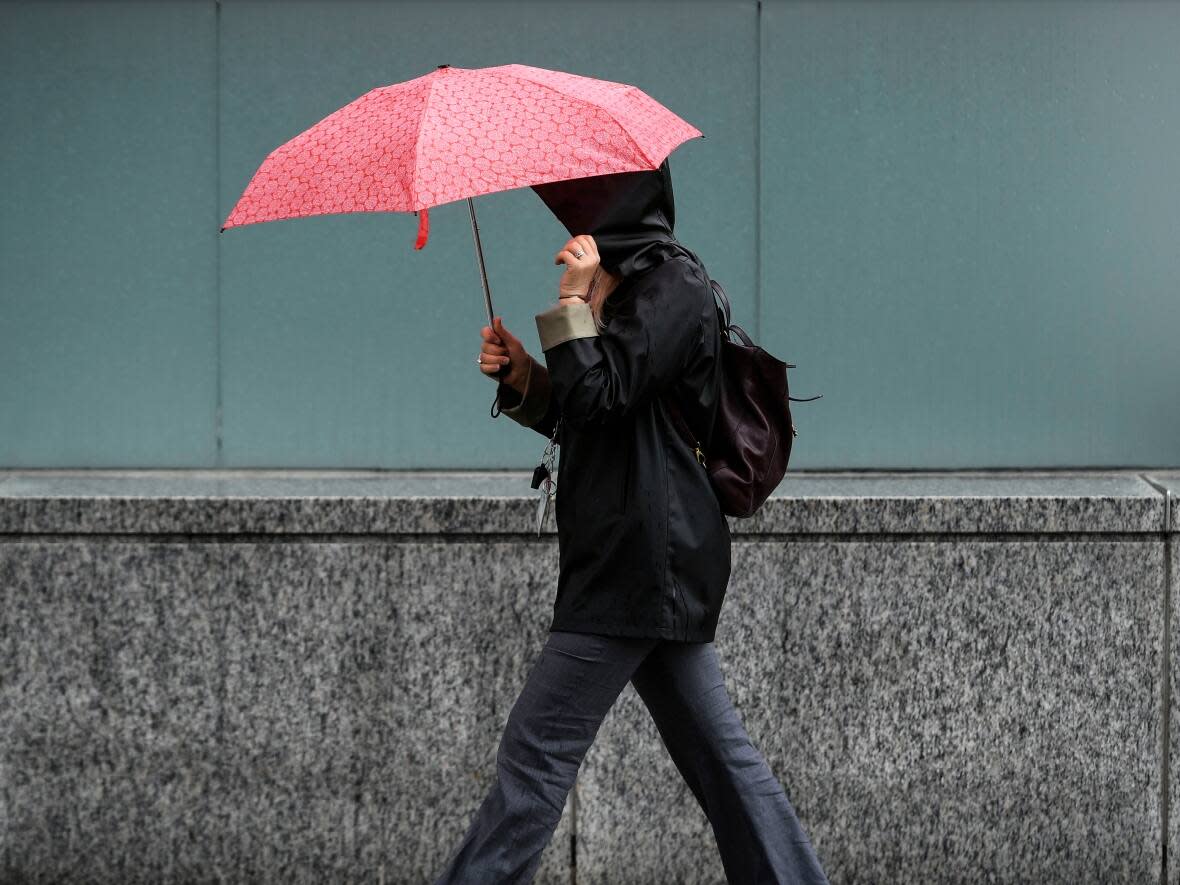 Someone raises an umbrella to protect themselves from the rain as they walk along Elgin Street in Ottawa. (Justin Tang/The Canadian Press - image credit)