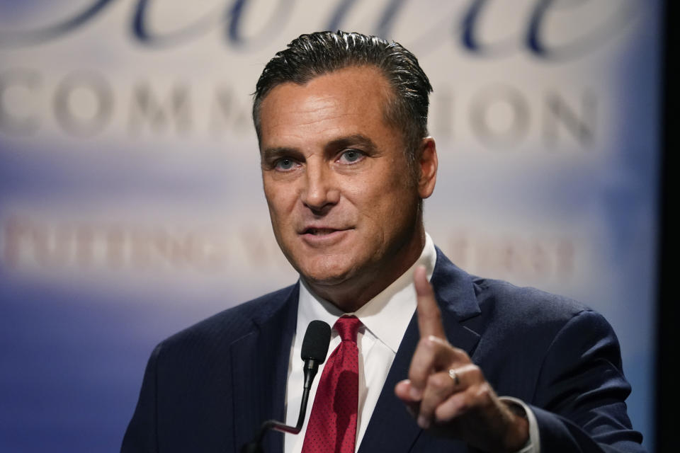 Democrat Thomas McDermott speaks during a U.S. Senate debate, Sunday, Oct. 16, 2022, in Indianapolis. (AP Photo/Darron Cummings, Pool)