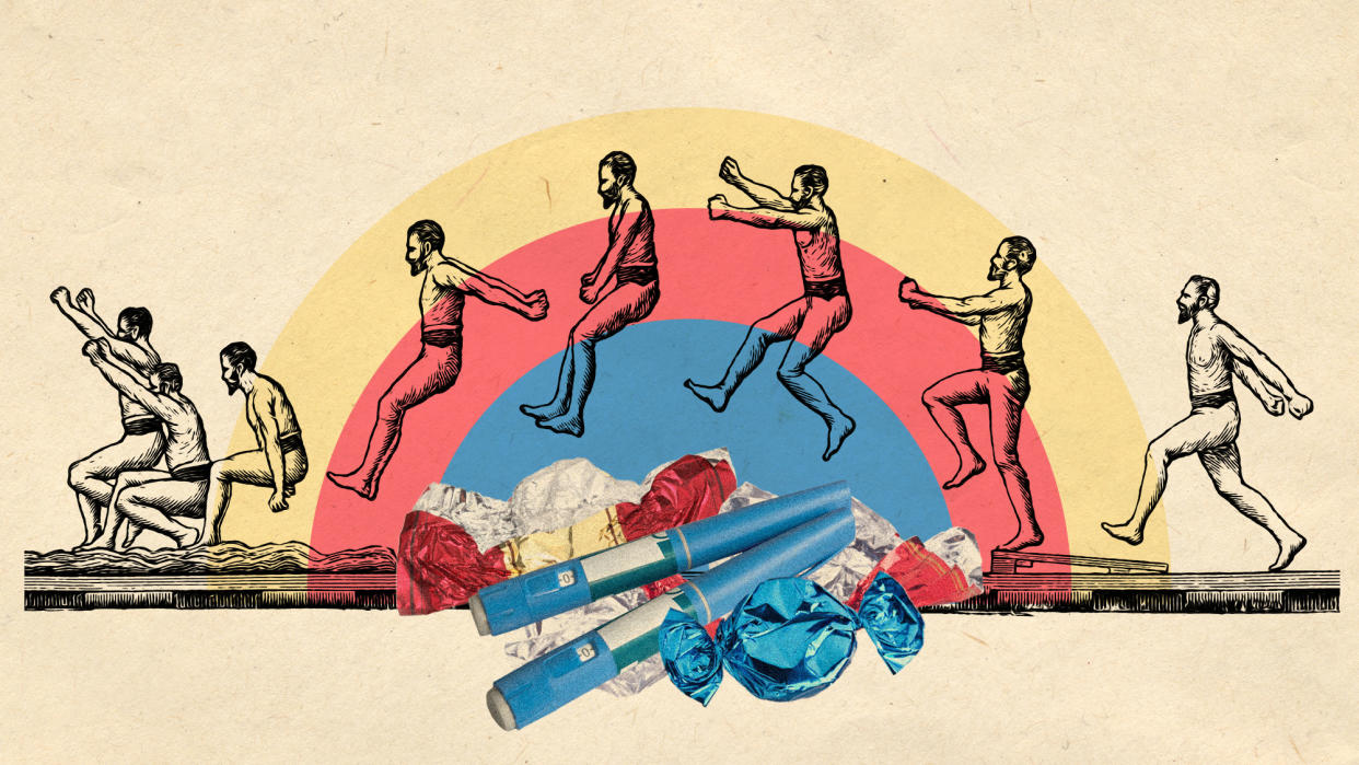  Photo collage of a pile of candy wrappers and semaglutide injection pens. Above it, there is a vintage illustration of a man in various stages of a long jump, jumping over the pile. 