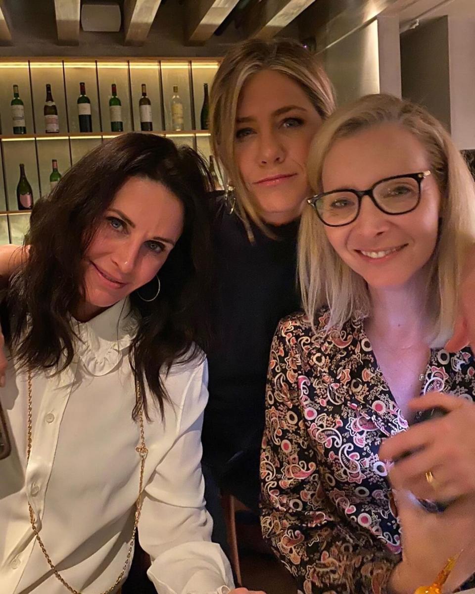 Aniston took to Instagram again to document another reunion, when Cox and Kudrow joined her for <a href="https://ew.com/tv/2020/01/12/friends-stars-jennifer-aniston-courteney-cox-lisa-kudrow-reunite-for-night-out/" rel="nofollow noopener" target="_blank" data-ylk="slk:a gals' night out;elm:context_link;itc:0;sec:content-canvas" class="link ">a gals' night out</a>. “Hi from the girls across the hall,” her caption read.