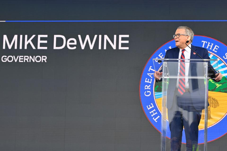 Ohio Gov. Mike DeWine speaks during a press conference, Thursday, June 2, 2022, in Avon Lake, Ohio. Ford announced it will add 6,200 factory jobs in Michigan, Missouri and Ohio as it prepares to build more electric vehicles and roll out two redesigned combustion-engine models. (AP Photo/David Richard)