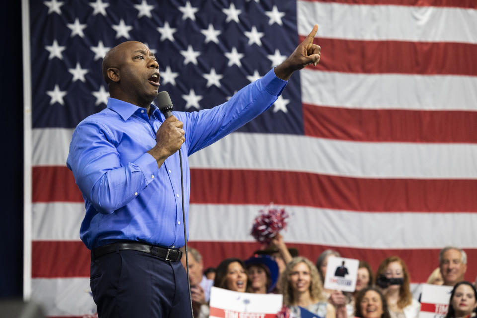 Republican presidential candidate Tim Scott delivers his speech announcing his candidacy for president of the United States on the campus of Charleston Southern University in North Charleston, S.C., Monday, May 22, 2023. (AP Photo/Mic Smith)