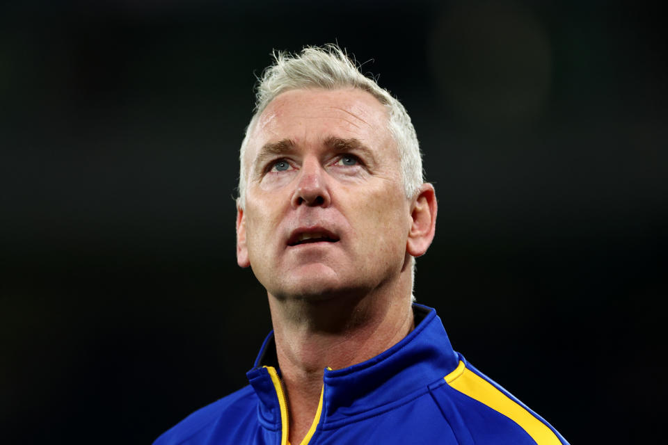 MELBOURNE, AUSTRALIA - JUNE 23: Adam Simpson, Senior Coach of the Eagles looks on after losing the round 15 AFL match between Essendon Bombers and West Coast Eagles at Marvel Stadium, on June 23, 2024, in Melbourne, Australia. (Photo by Quinn Rooney/Getty Images)