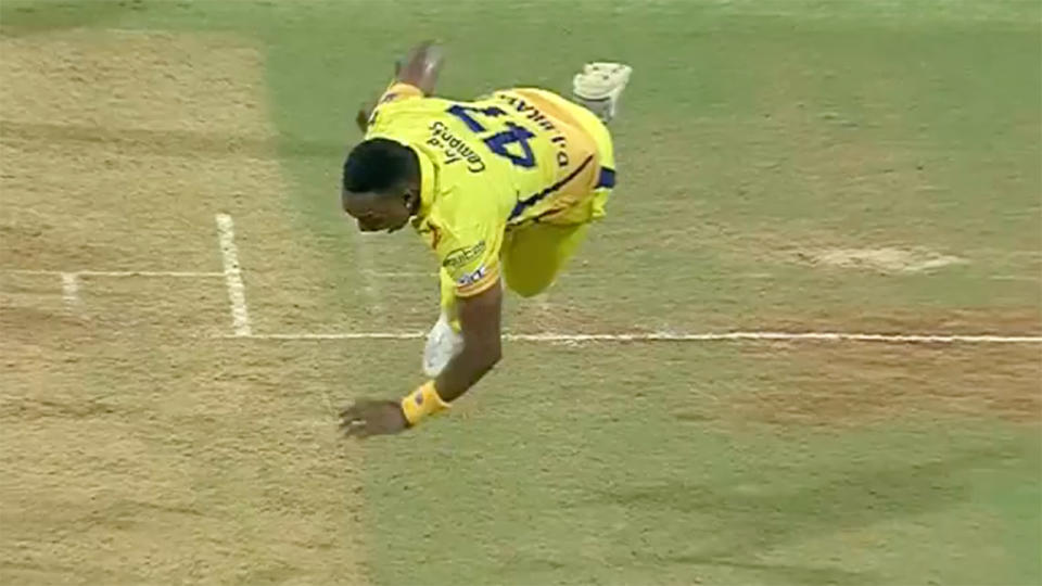 Bravo showed insane athleticism to remove Pathan. Pic: IPL