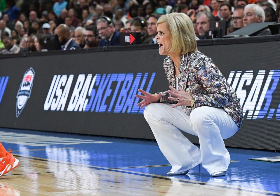 Louisiana State University Coach Kim Mulkey reacts in the game with Miami during the second quarter of the Elite Eight NCAA Women's Basketball Tournament game at the Bon Secours Wellness Arena in Greenville, S.C. Sunday, March 26, 2023. 
