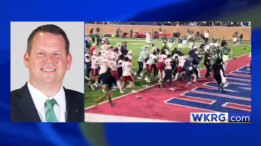 Scott Wetherbee, Eastern Michigan University Vice President/Director of Athletics, on the left, and on the right, a photo of the University of South Alabama and EMU brawl during the 68 Ventures Bowl.