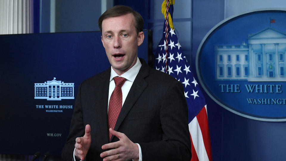 National Security Adviser Jake Sullivan speaks during the daily press briefing on March 12, 2021, in the Brady Briefing Room of the White House in Washington, DC. (Olivier Doulliery/AFP via Getty Images)