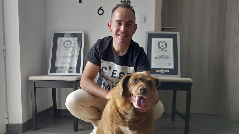 Bobi poses for a photo with his owner Leonel Costa and his Guinness World Record certificates for the oldest dog in May 2023. - Jorge Jeronimo/AP