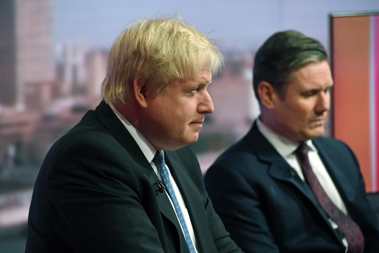  Foreign Secretary Boris Johnson (left) and Shadow Brexit Secretary Sir Keir Starmer during filming for the BBC One current affairs programme The Andrew Marr Show at New Broadcasting House in London. 