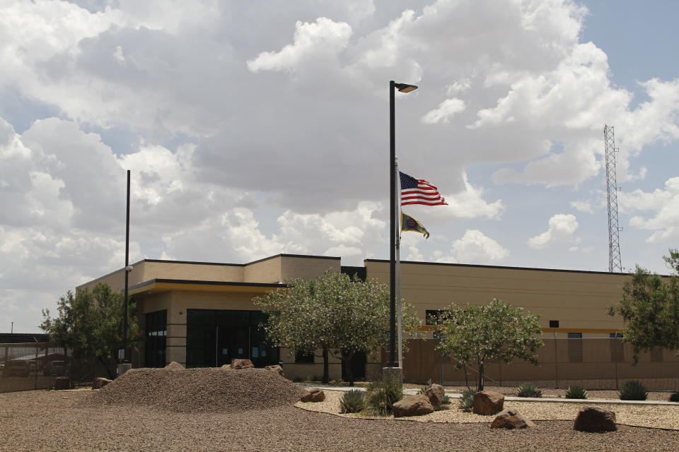 The entrance to the Border Patrol station in Clint, Texas, Wednesday, June 26, 2019. Migrant children being housed at the Border Patrol facility near El Paso appeared mostly clean and were being watched by hallway monitors on Wednesday, less than a week since they reported living there in squalid conditions with inadequate food, water and sanitation. (AP Photo/Cedar Attanasio)