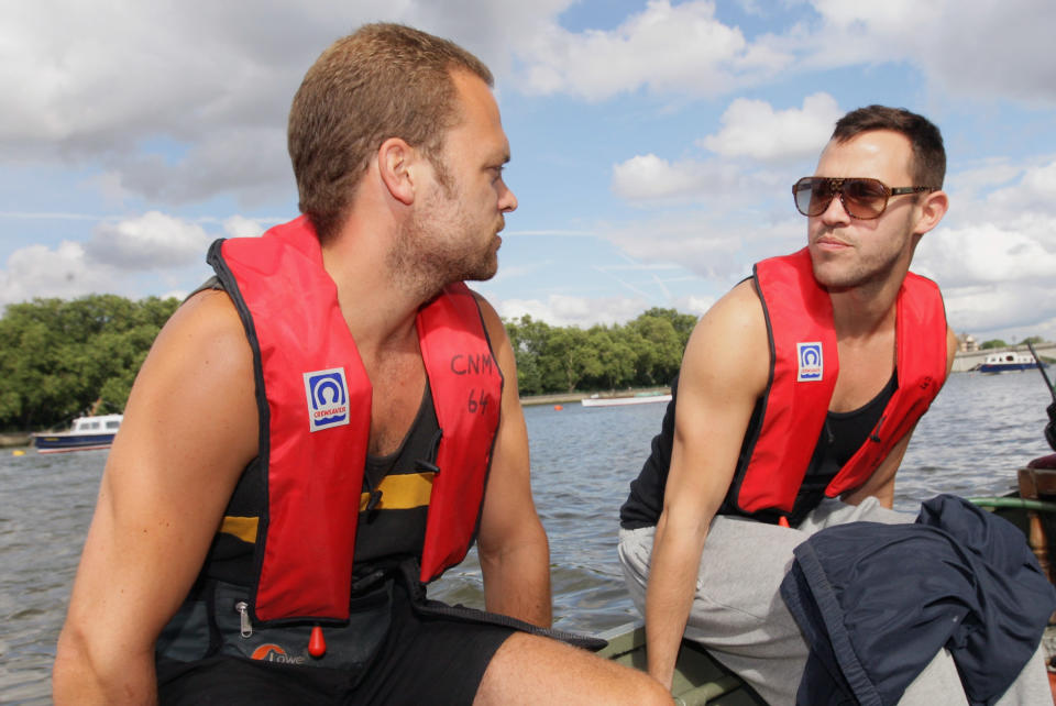 LONDON - AUGUST 02:  Singer Will Young (R), and Will Young's twin Brother Rupert Young (L) set off from Putney during the Thames Mood Foundation Pedalo Challange on the River Thames on August 2, 2008 in London, England.  (Photo by Dan Kitwood/Getty Images)