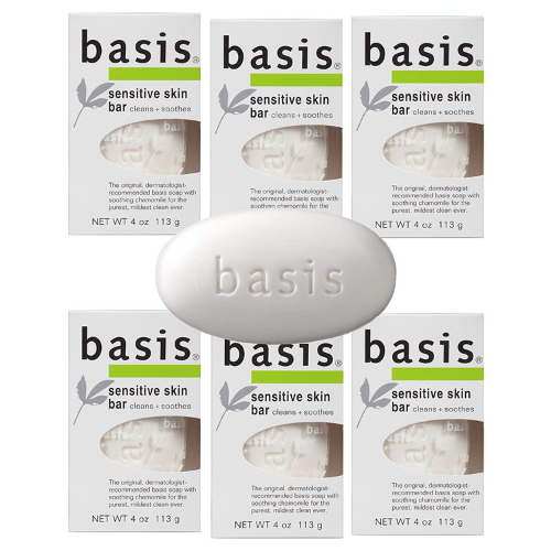 6 bars of basis unscented soap with a plain bar in front of the packaged soap