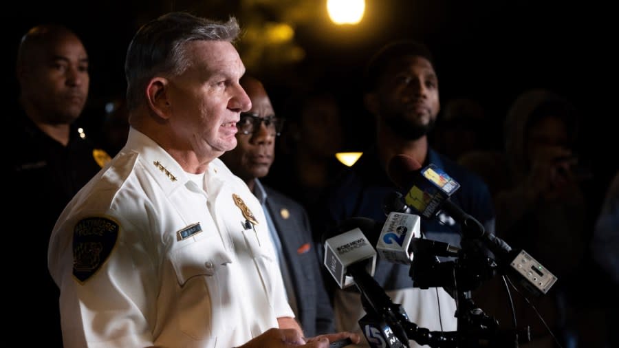 Baltimore Police Commissioner Rich Worley speaks at a news conference Wednesday, Oct. 4, at Morgan State University after a shooting. Multiple people were wounded, none critically, in a shooting that interrupted a homecoming week celebration at the university in Baltimore and prompted an hourslong lockdown of the historically Black college. (Photo: Julia Nikhinson/AP)