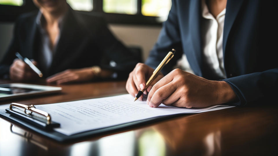 A woman signing a policy document while a representative from the insurance company looks on.