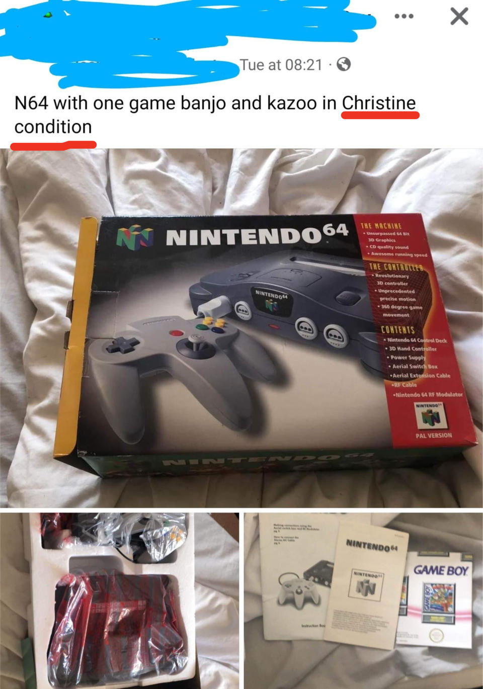 Person advertising a Nintendo product in "Christine" condition instead of pristine