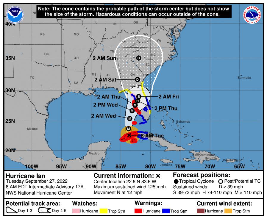 Ian is expected to dump between 12 to 16 inches of rainfall with maximums up to 24 inches in Tampa and West Central Florida. Forecasters also warned the surge could reach 10 feet if it peaks at high tide. 