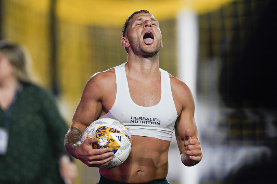 LA Galaxy forward Billy Sharp celebrates the team's win in an MLS soccer match against Minnesota United, Wednesday, Sept. 20, 2023, in Carson, Calif. Sharp scored three goals. (AP Photo/Ryan Sun)