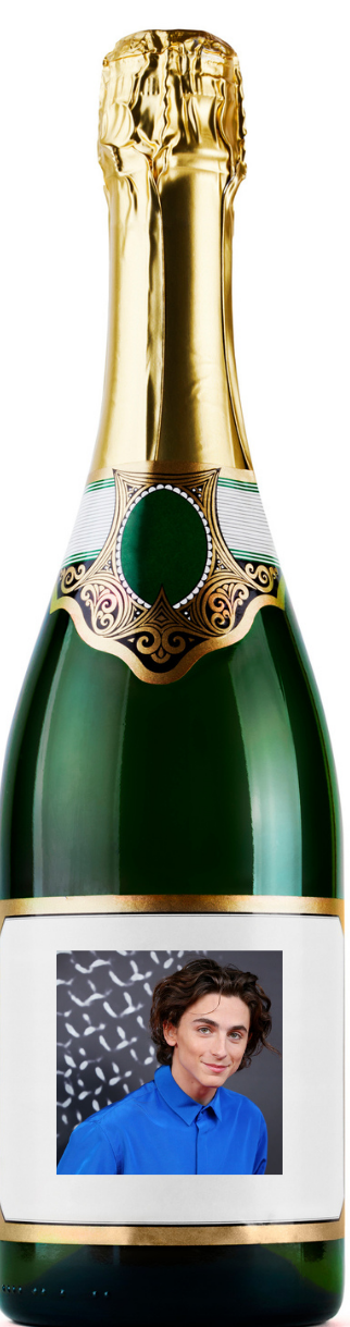 A bottle of champagne with Timmy's smiling face superimposed on the label