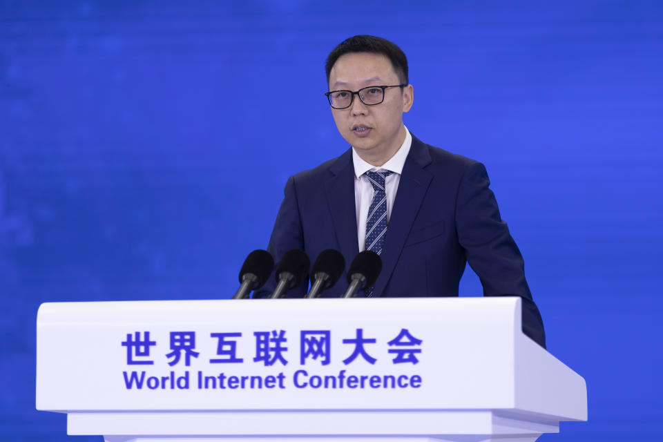 WUZHEN, CHINA - NOVEMBER 08: Eddie Wu Yongming, CEO of Alibaba Group, speaks during the 2023 World Internet Conference Wuzhen Summit on November 8, 2023 in Wuzhen, Zhejiang Province of China. (Photo by Ni Yanqiang, Wang Jianlong, Li Zhenyu/Zhejiang Daily Press Group/VCG via Getty Images)