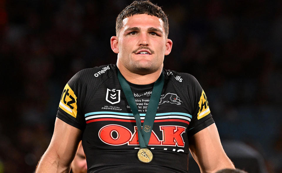 Nathan Cleary, pictured here with his second Clive Churchill Medal.