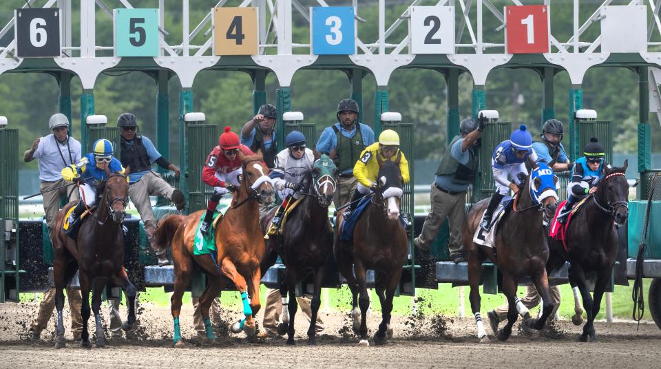 Horses break from the starting gate during second race of day. Opening Day of Racing at Monmouth Park in Oceanport, NJ on May 13, 2023.