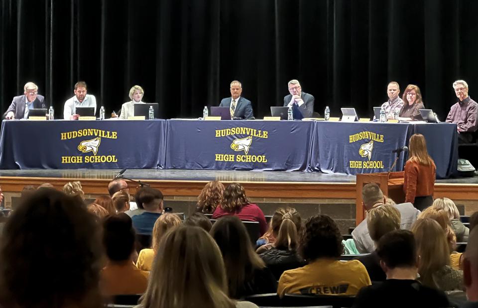 The Hudsonville Board of Education and Superintendent Doug VanderJagt listen during a meeting Thursday, Jan. 19.