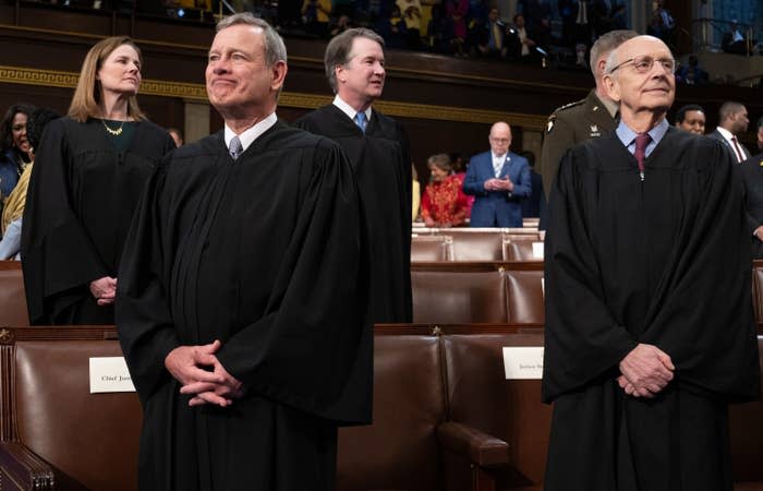 Supreme Court Justices Amy Coney Barrett, John Roberts, Brett M. Kavanaugh and Stephen G. Breyer attend the State of the Union in March 2021.