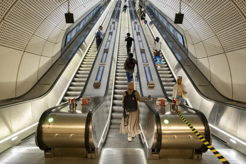 Escalators in the new Elizabeth Line station in London