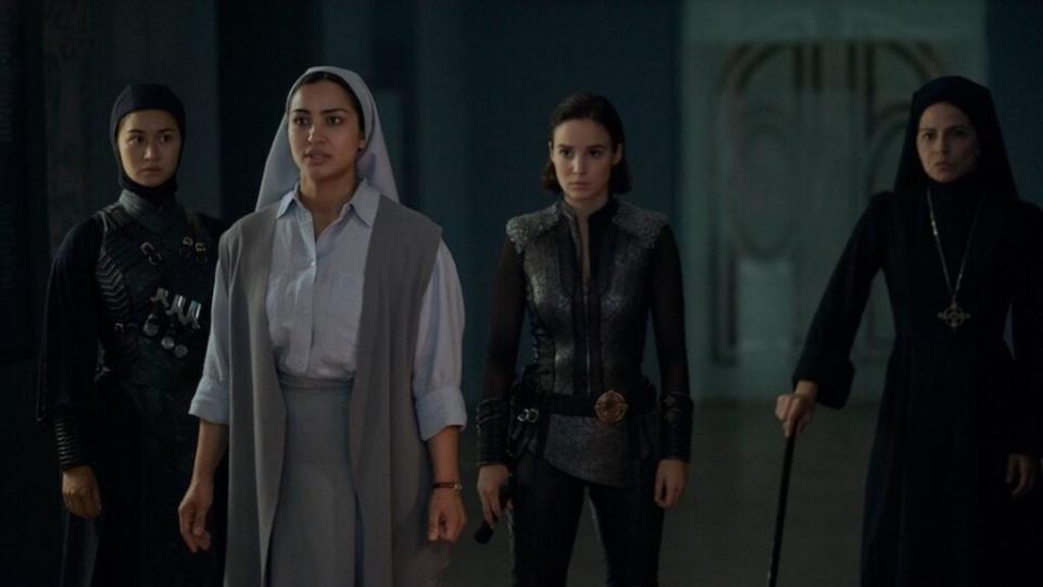 Warrior Nun. (L to R) Kristina Tonteri-Young as Sister Beatrice, Meena Rayann as Yasmine, Alba Baptista as Ava Silva, Sylvia De Fanti as Mother Superion in episode 204 of Warrior Nun. Cr. Manolo Pavón/Netflix © 2022