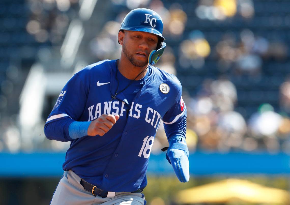 Kansas City Royals first baseman Yuli Gurriel (18) runs the bases on his way to scoring a run against the Pittsburgh Pirates during the fourth inning at PNC Park on Sept. 15, 2024.