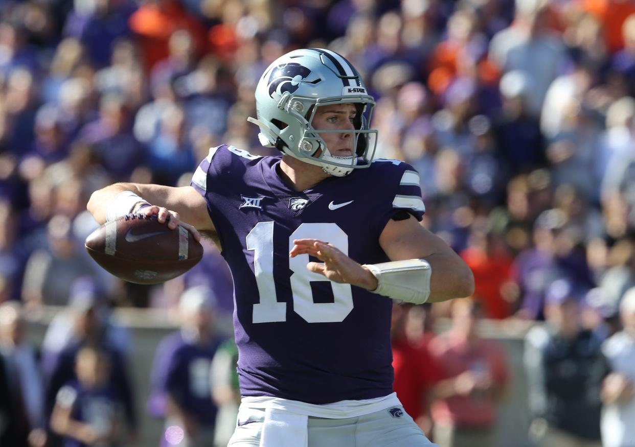 Will Howard (18) will make his third straight start Saturday against TCU in the Big 12 championship game, but the Wildcats hope injured former starter Adrian Martinez will be available as a backup.