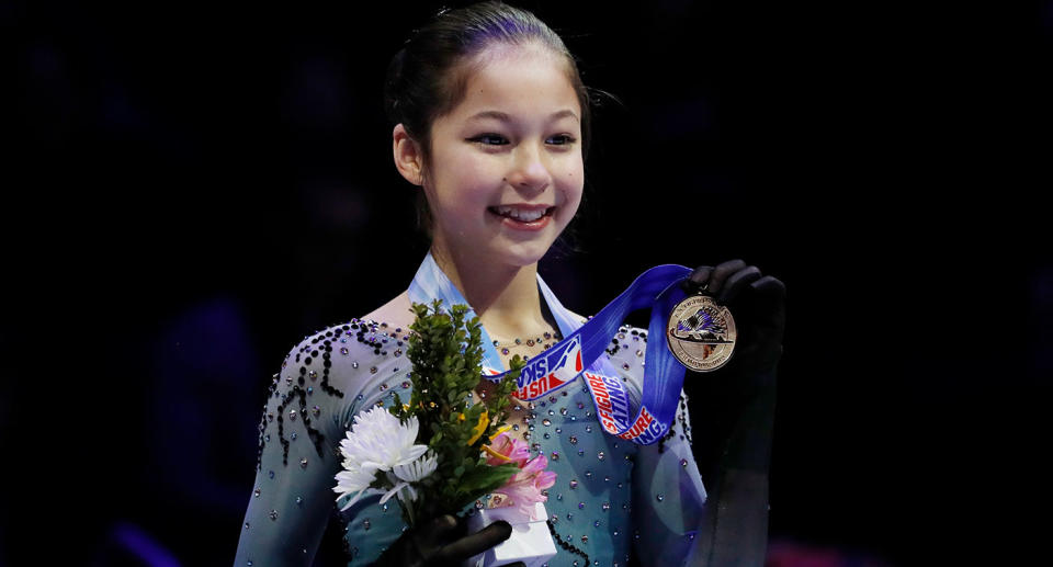 Alysa Liu holds her medal after winning the women’s title during the U.S. Figure Skating Championships. (AP)