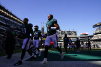 Philadelphia Eagles quarterback Jalen Hurts (1) leaves the field after an NFL football game against the San Francisco 49ers on Sunday, Sept. 19, 2021, in Philadelphia. (AP Photo/Matt Slocum)