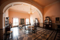 A tearoom inside the Jai Vilas Palace. The Jai Vilas Mahal was established in 1874 by Jayajirao Scindia, the Maharaja of Gwalior. (Photo by Atid Kiattisaksiri/LightRocket via Getty Images)