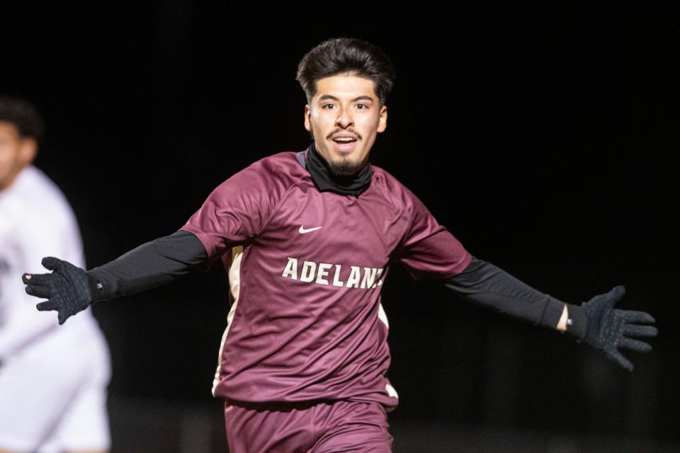 Adelanto’s Humberto Gonzalez celebrates after scoring against Silverado during the first half on Friday, Jan. 13, 2023.