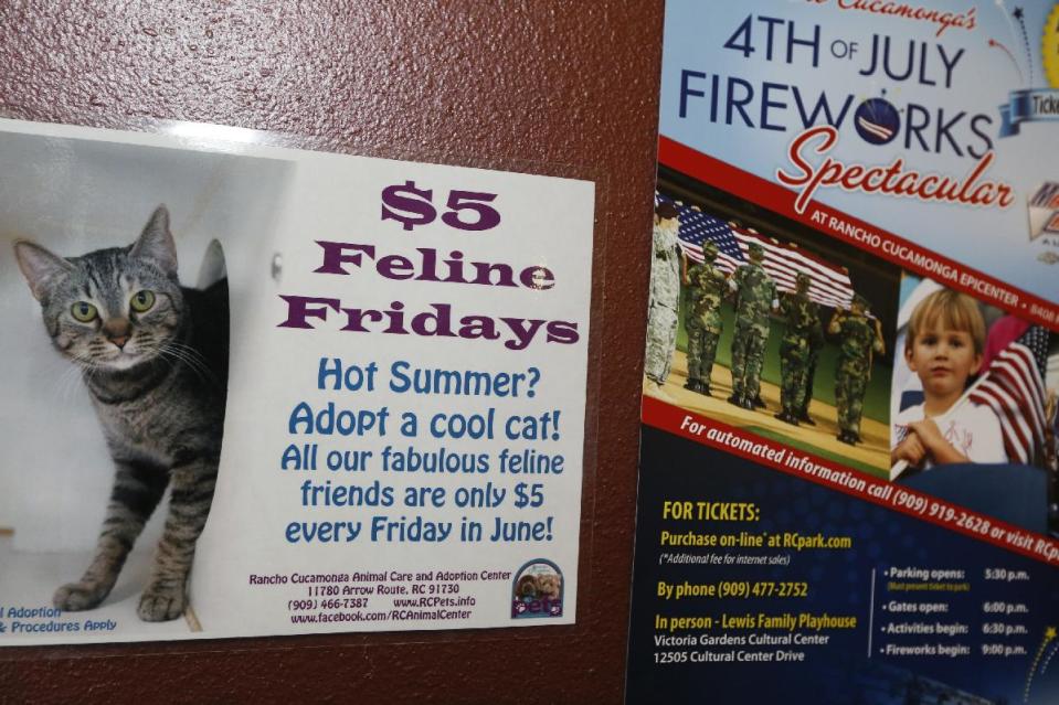 In this photo taken Friday, June 28, 2013, A Summer adoption banner is seen next to a 4th of July fireworks events at City of Rancho Cucamonga Animal Care & Adoption Center in Rancho Cucamonga, Calif. The center, 45 miles east of Los Angeles, is on the same grounds as LoanMart Field, home to the Rancho Cucamonga Quakes, a Los Angeles Dodgers baseball farm team. Saturday night home games end with fireworks shows. Classical music is played throughout the center beginning in the early evening on nights with fireworks. (AP Photo/Damian Dovarganes)