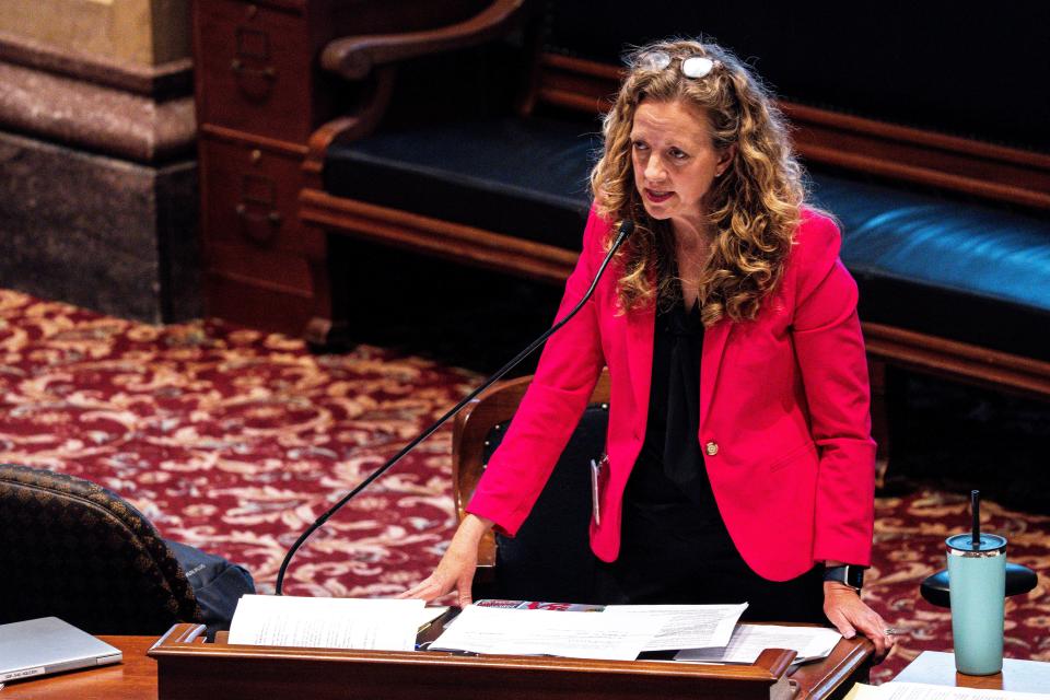 Sen. Janet Petersen, D-Des Moines, speaks during debate of amendments for SF 579, a 'fetal heartbeat' abortion ban, at the Iowa State Capitol on Tuesday, July 11, 2023, in Des Moines. 