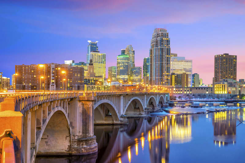 Minneapolis downtown skyline in Minnesota, USA at sunset