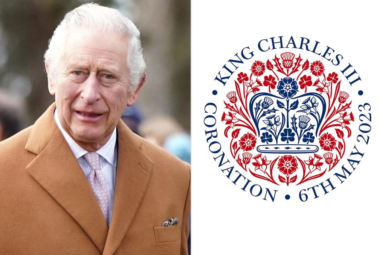 King Charles III leaves Castle Rising Church in Norfolk; King Charles Coronation Emblem
