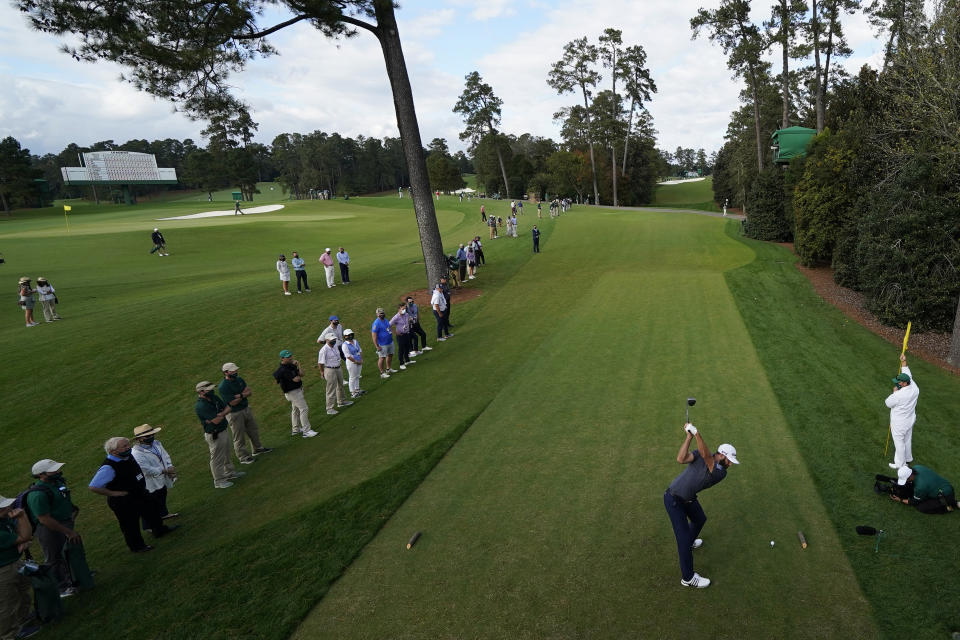 Dustin Johnson tees off on the 18th hole of the Masters last year. The 18th hole is where the Masters' sudden-death playoff begins. (AP Photo/David J. Phillip)