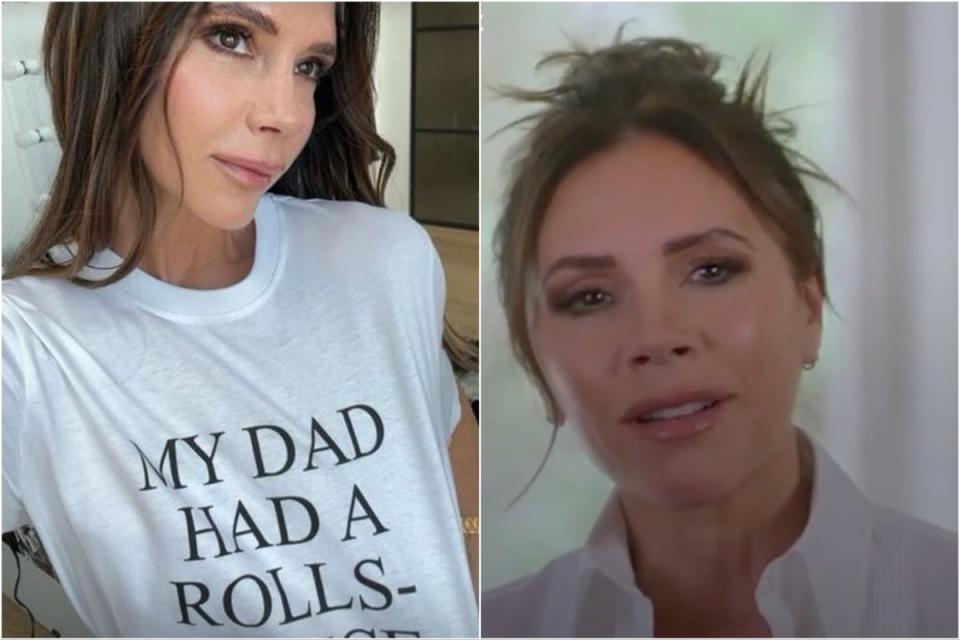 Beckham wearing her ‘My Dad Had A Rolls-Royce’ T-shirt, which she sells via her eponymous label (Instagram via @victoriabeckham / Netflix)